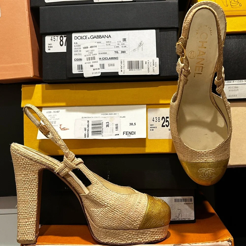 CHANEL size 38 straw sandals. OLIVE AND TAN color - Picture 1 of 8